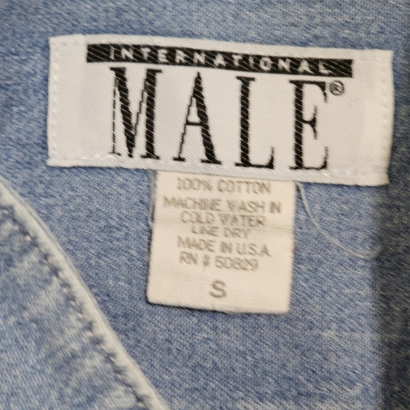 International Male Mens Denim Banded Collar Shirt Pleated Front 90s Retro Small - Picture 4 of 7